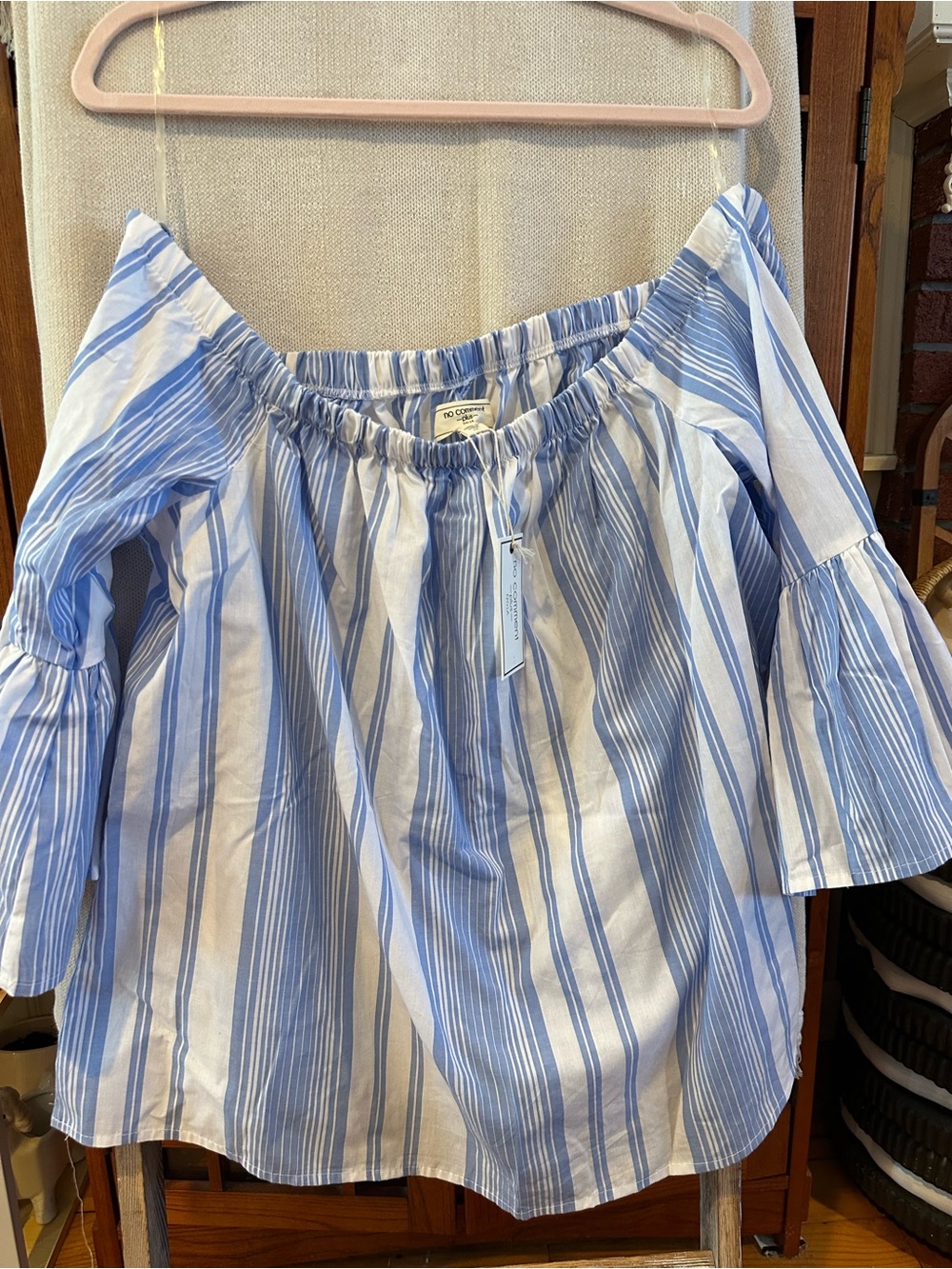 Off-Shoulder Blue Stripe Women’s Top - Light Blue & White